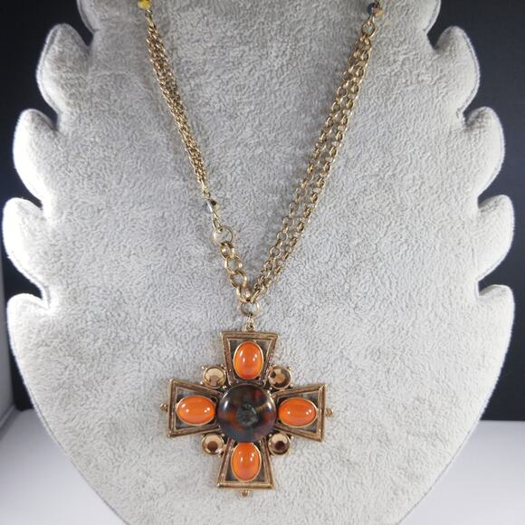Chico's Maltese Cross Pendant Necklace, Orange Cabochons, Rhinestone, 35" Chain - Picture 3 of 11